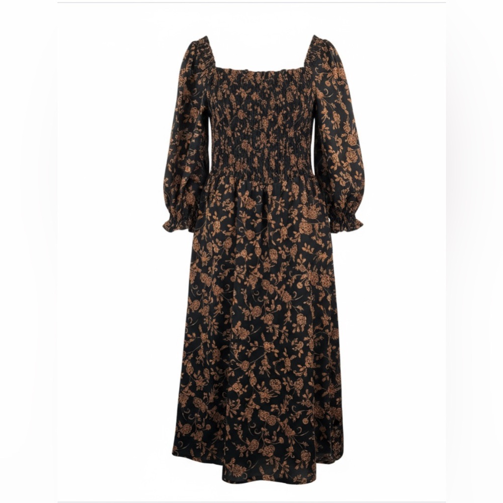 Nanette Lepore Midi Dress sz 14 Black Orange Floral Smocked Puff Cottagecore